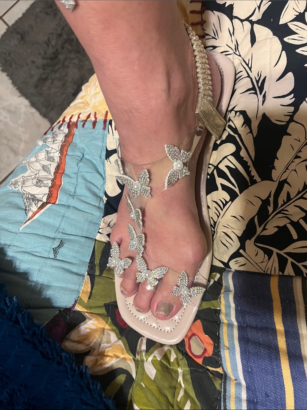Crystal Butterfly T-Strap Sandal in White and Gold